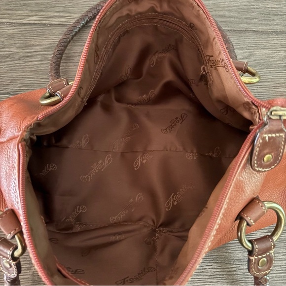 Fossil Orange Brown Genuine Leather Hobo Shoulder Handbag Purse Braided Strap - Picture 4 of 12
